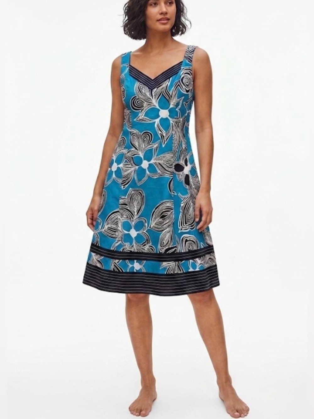 Nine West Teal Floral V-Neck A-Line Dress Size 4